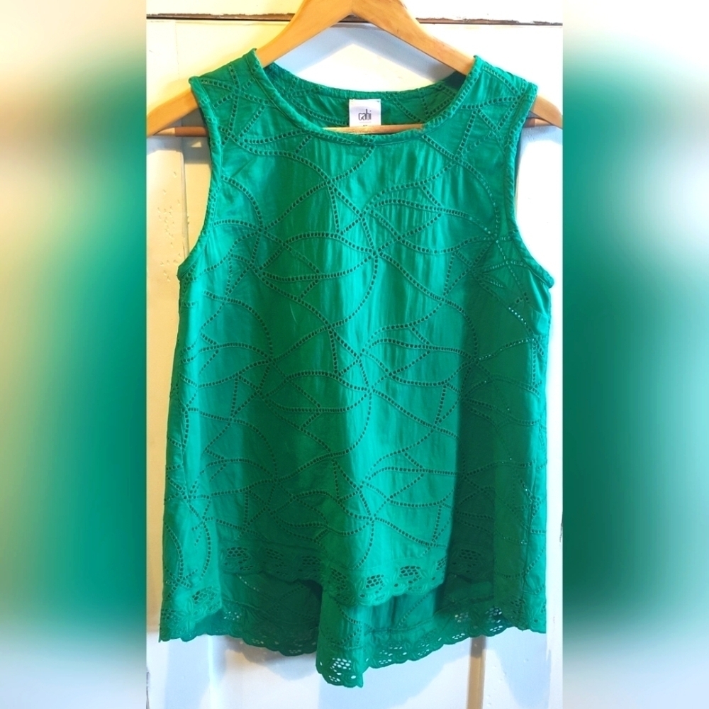 CAbi Women's Sleeveless Green Eyelet High Low Top | 100% Cotton | Size Small